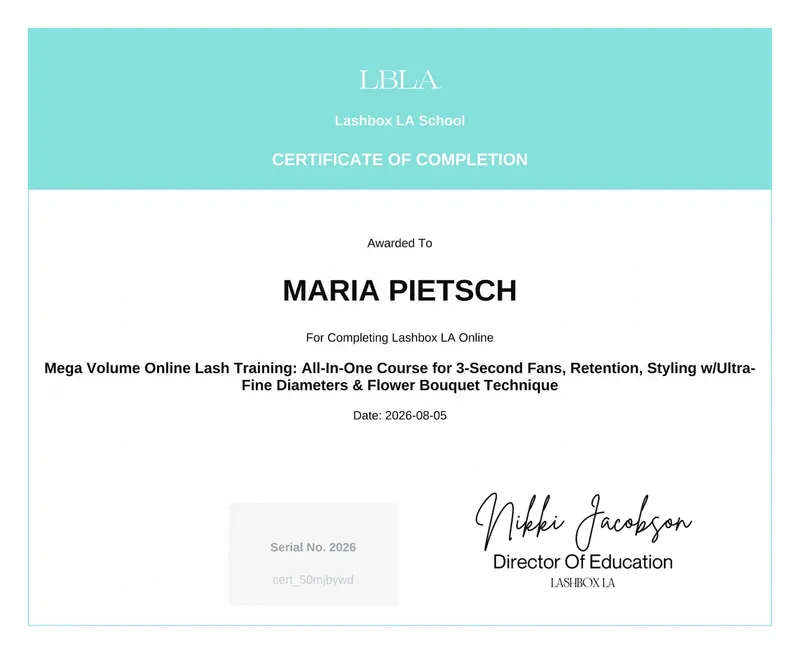 Zertifikat: Mega-Volumen Wimpern – Lashbox LA